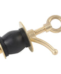Brass boat deck drain plug with rubber seal, threaded stem, and eye ring handle (side view).