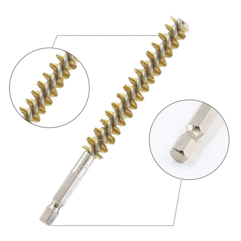 Close-up of 6 Pieces Brass Bore Brushes in Different Sizes with 1/4 Inch Hex Shank for Power Drill, showing bristles and hex connection.