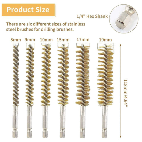 6 Pieces Brass Bore Brushes in Different Sizes, Brass Bristles Wire Cleaning Brush for Power Drill Impact Driver, with 1/4 Inch Hex Shank, 4 Inch in Length (8/10/12/15/17/19mm) displayed with dimensions and hex shank detail.