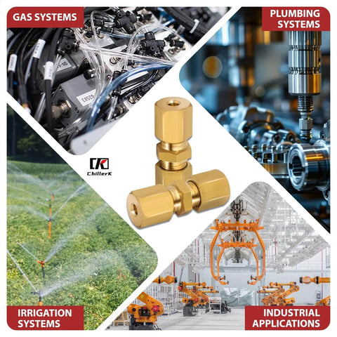 Pack Of 2 Brake Line Fittings Kit Union for Three Sixteenth Inch Tube OD, brass three-piece connector, used in various systems.