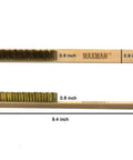 Soft Brass Bristle Wire Brush for Cleaning Metal Rust, Welds, with 10" Beechwood Handle, dimensions displayed
