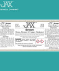 Label of JAX Brown Brass, Bronze, and Copper Darkener, a water-based solution to create an authentic antique patina on bare metal.
