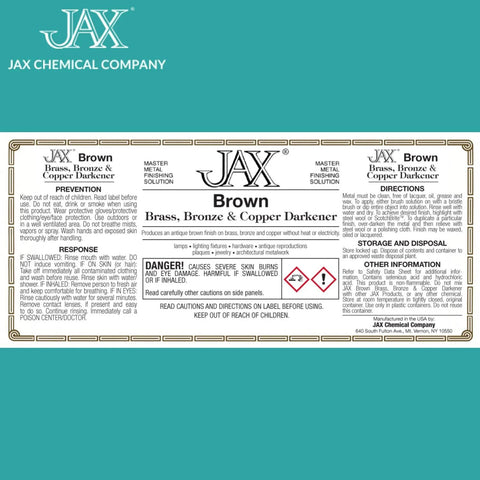 Label of JAX Brown Brass, Bronze, and Copper Darkener, a water-based solution to create an authentic antique patina on bare metal.