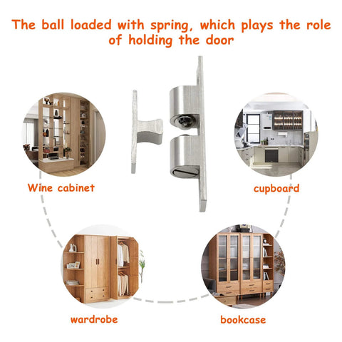 Double Ball Tension Roller Catch Latch Set 2.75 Inches for cabinet and furniture door uses shown in cabinet, cupboard, wardrobe, and bookcase.