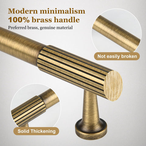 Close-up of antique solid brass cabinet handle with brushed bronze finish, highlighting solid thickening and durability.