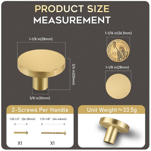 Solid Brass Brushed Gold Cabinet Knobs Set Featuring Heavy Duty Real Brass Construction And Elegant Brushed Finish 1-1/8 Inch