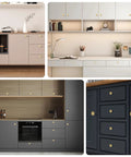 Solid Brass Brushed Gold Cabinet Knobs Set Featuring Heavy Duty Real Brass Construction And Elegant Brushed Finish 1-1/8 Inch Round Knobs on Various Cabinets