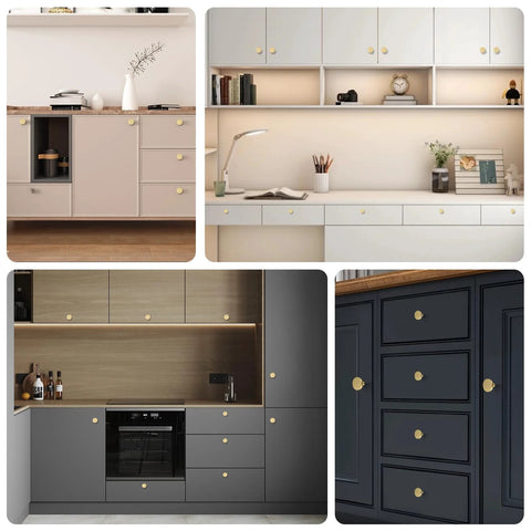 Solid Brass Brushed Gold Cabinet Knobs Set Featuring Heavy Duty Real Brass Construction And Elegant Brushed Finish 1-1/8 Inch Round Knobs on Various Cabinets