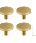 Set of four Solid Brass Brushed Gold Cabinet Knobs with screws, 1-1/8 inch diameter, ideal for kitchen cabinets and bathroom vanities.
