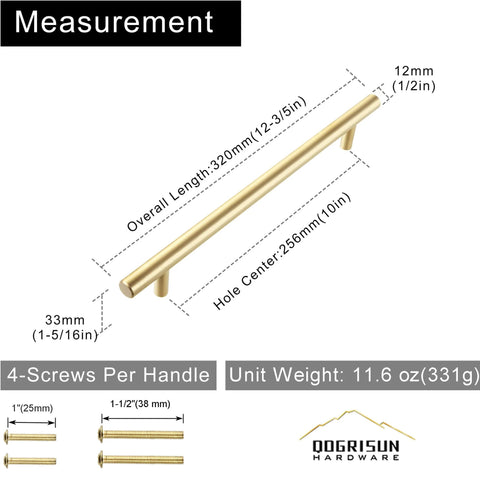Solid Brass Cabinet Pulls 2 Pack Gold Brushed Finish Long Drawer Handles With 10 Inch Center To Center For Large Kitchen Cabinets Cupboards Dresser Wardrobe Closet Doors Euro T Bar Design Heavy Duty Fingerprint Resistant shown with dimensions