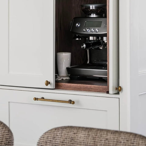 Antique Brass Cabinet Pulls Set Of 10 5 Inch Hole Center Solid Zinc Alloy Handles on white kitchen cabinet with coffee machine inside