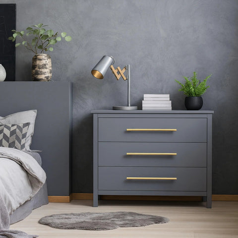 Solid Brass Cabinet Pulls 2 Pack Gold Brushed Finish Long Drawer Handles With 10 Inch Center To Center For Large Kitchen Cabinets Cupboards Dresser Wardrobe Closet Doors Euro T Bar Design Heavy Duty Fingerprint Resistant installed on a gray dresser in a modern bedroom.