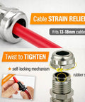 Close-up of Three Quarter Inch NPT Brass Cable Gland Cord Grip Strain Relief For Electrical Wiring with red cable inserted.