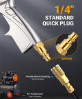 Powerful dry air car cleaning gun delivers fast interior detailing by blasting dust and debris with high velocity air through brass fittings and a one quarter inch MNPT connector
