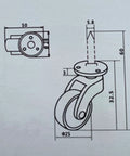 Technical drawing of Solid Brass Caster Wheel Set 25mm Diameter 360 Degree Swivel With Screw Fitting Vintage Style Furniture Casters.