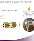 Two Pack Brass Compression Tube Fittings For Ice Maker Water Line Union 1/2 Inch To 1/2 Inch OD with size measurement