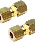 Two Pack Brass Compression Tube Fittings For Ice Maker Water Line Union 1/2 Inch To 1/2 Inch OD with hex heads and deep threads