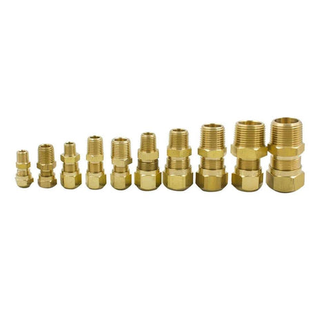 Assorted brass fittings with different sizes on a white background, similar to Brass DOT Air Brake Hose Fitting Male Connector