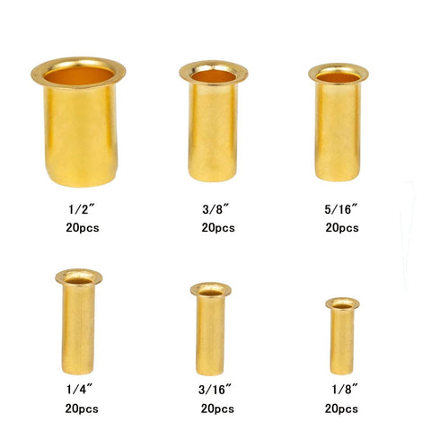 120-Piece Brass Compression Insert And Sleeve Fitting Kit For Plastic And Copper Tubing, showing various sizes 1/8 to 1/2 inch OD.