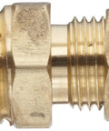 Side view of Anderson Metals quarter inch compression to quarter inch male pipe brass tube fitting connector with nut sleeve and body.