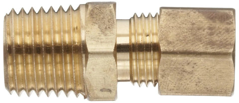 Side view of Anderson Metals quarter inch compression to quarter inch male pipe brass tube fitting connector with nut sleeve and body.