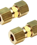 Two Pack Brass Compression Tube Fittings For Ice Maker Water Line Union 1/2 Inch To 1/2 Inch OD with hex heads shown close-up