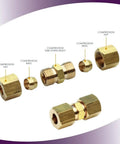 Two Pack Brass Compression Tube Fittings For Ice Maker Water Line Union 1/2 Inch OD with hex heads and deep threads