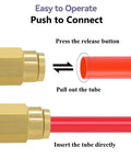 Two Pack One Quarter Inch Schrader Valve Adapter Set, Heavy Duty Brass Push To Connect Fittings For Airbag Spring Suspension Lines And Air Line Tubing, Plug And Play Compatible With One Quarter Inch OD Tubing On Semi Truck Trailer Tractor showing push-to-connect operation with red air line tubing