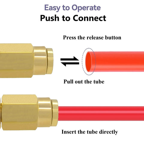 Two Pack One Quarter Inch Schrader Valve Adapter Set, Heavy Duty Brass Push To Connect Fittings For Airbag Spring Suspension Lines And Air Line Tubing, Plug And Play Compatible With One Quarter Inch OD Tubing On Semi Truck Trailer Tractor showing push-to-connect operation with red air line tubing