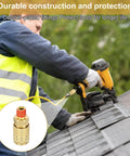 Worker using pneumatic tool with 12 Piece 1/4 Inch Brass Male Industrial Coupler Kit For Air Hoses And Compressors, NPT Quick Connect Adapters