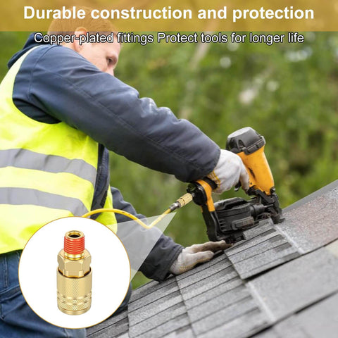 Worker using pneumatic tool with 12 Piece 1/4 Inch Brass Male Industrial Coupler Kit For Air Hoses And Compressors, NPT Quick Connect Adapters