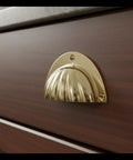 Brass Cup Handle With Elegant Scalloped Shell Design Pack Of 4 for drawer and cabinet pulls in a side view installed on wooden cabinet