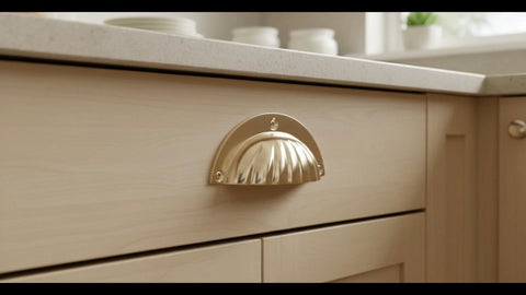 Installed brass cup handle with elegant scalloped shell design on kitchen cabinet drawer for easy gripping
