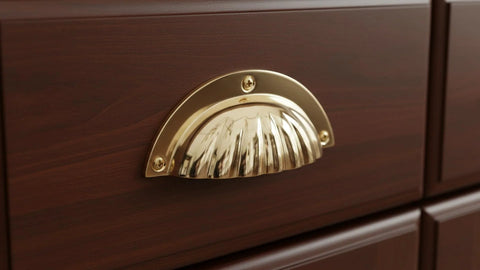 Brass Cup Handle With Elegant Scalloped Shell Design Pack Of 4 for drawer and cabinet pulls on wooden furniture