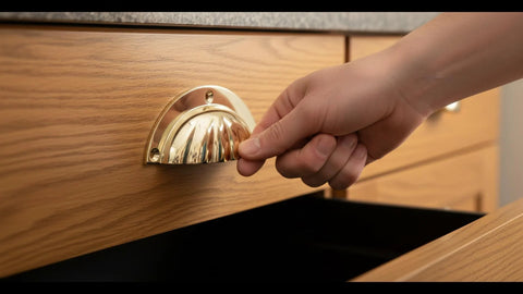 Brass Cup Handle With Elegant Scalloped Shell Design Pack Of 4 for drawer and cabinet pulls being used on wooden drawer