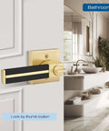 Three Pack Brass Door Handles With Black Leather Levers shown on bathroom door, featuring privacy lock and modern design.