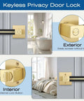 Image showing Three Pack Brass Door Handles with Black Leather Levers in a bathroom and bedroom setting, focusing on turn thumb lock.