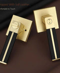 Three Pack Brass Door Handles With Black Leather Levers, Gold Privacy Door Levers For Bed And Bath, close-up on square backplate