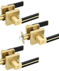 Three pack brass door handles with black leather levers, gold privacy door levers for bed and bath, keyless interior door handles.