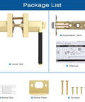 Package contents of Three Pack Brass Door Handles With Black Leather Levers, including latch, lever set, strike plate, and screws.