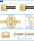 Diagram of Three Pack Brass Door Handles With Black Leather Levers with dimensions and installation guide for bed and bath privacy doors.