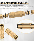 Brass DOT Air Line Fittings Kit 23 Piece Set For Semi Trucks And Trailers, Includes One Quarter, Three Eighths, And One Half Inch Straight Union Quick Connect Fittings, Push To Connect Air Hose Fittings, Plus Tub Cutter, showing a brass fitting assembly with detailed parts labeled.