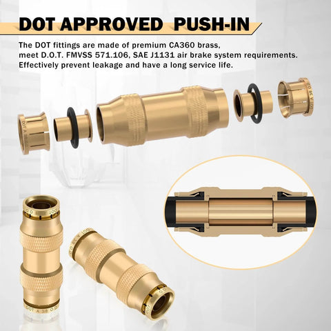 Brass DOT Air Line Fittings Kit 23 Piece Set For Semi Trucks And Trailers, Includes One Quarter, Three Eighths, And One Half Inch Straight Union Quick Connect Fittings, Push To Connect Air Hose Fittings, Plus Tub Cutter, showing a brass fitting assembly with detailed parts labeled.