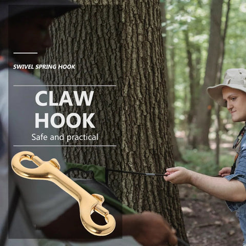 4 Pack 3.5 Inch Brass Double Ended Bolt Snap Clips used in outdoor setup with tree, showing heavy duty and corrosion resistance.