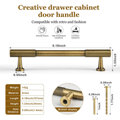 Diagram of brass cabinet handle with dimensions, featuring Five Pack Antique Solid Brass Cabinet Handles 5 Inch Center To Center Dresser Drawer Pulls.