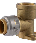 Push To Connect Drop Ear Elbow One Half Inch By One Half Inch FNPT Brass Plumbing Fitting For PEX Copper CPVC PERT HDPE SDR9 Pipe Easy Install No Tools Needed 90 Degree Connection UR334A, side view