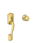 Durable front entry handleset with Georgian knob in bright brass delivers premium metal construction, enhanced security and curb appeal