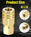 20 Pack One Quarter Inch Brass Female Industrial Couplers Bulk Kit For Air Hoses And Quick Connects, showing product dimensions.