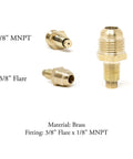 Close-up of brass fittings for Propane Regulator With Four Foot High Pressure Hose Brass Orifice Three Eighths Flare And One Eighth MNPT.