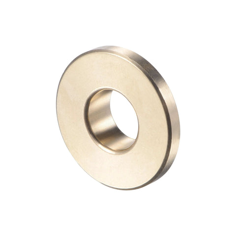 Flanged Sleeve Bearing Three Eighths Inch Bore Five Eighths Inch Outer Diameter Length Twelve Forty Ninths Inch Flange Diameter Seven Eighths Inch Flange Thickness One Eighth Inch Cast Brass Self Lubricating Bushing Oilless Maintenance Free, side view showing details